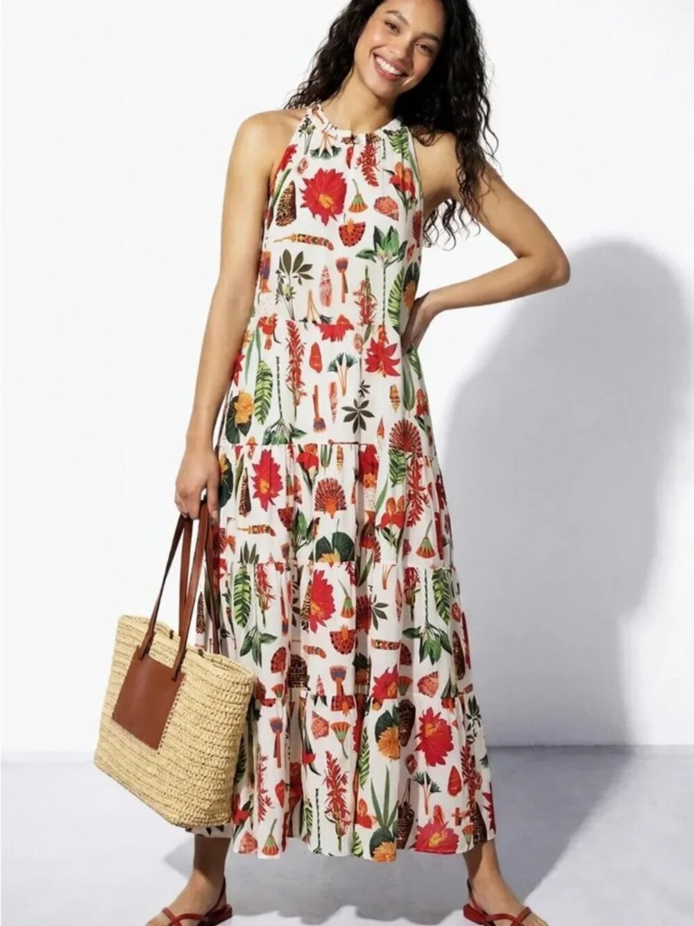 FIGUE Floral Betty Maxi Dress Tiered Tropical Mediterranean Cotton Flowy Shift